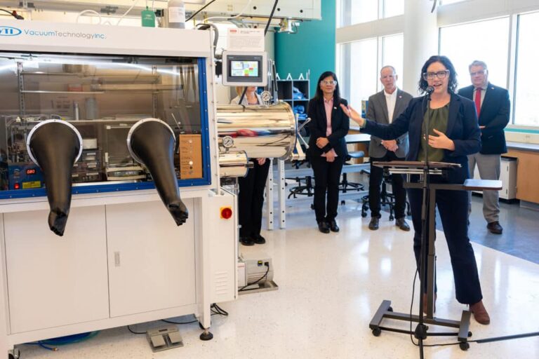 Students, faculty and university leaders joined industry partners to celebrate the opening of the new Battery and Energy Storage Technology Makerspace in Engineering Building I. Guests included NC State Provost Jim Pfaendtner and Don Stewart, preside