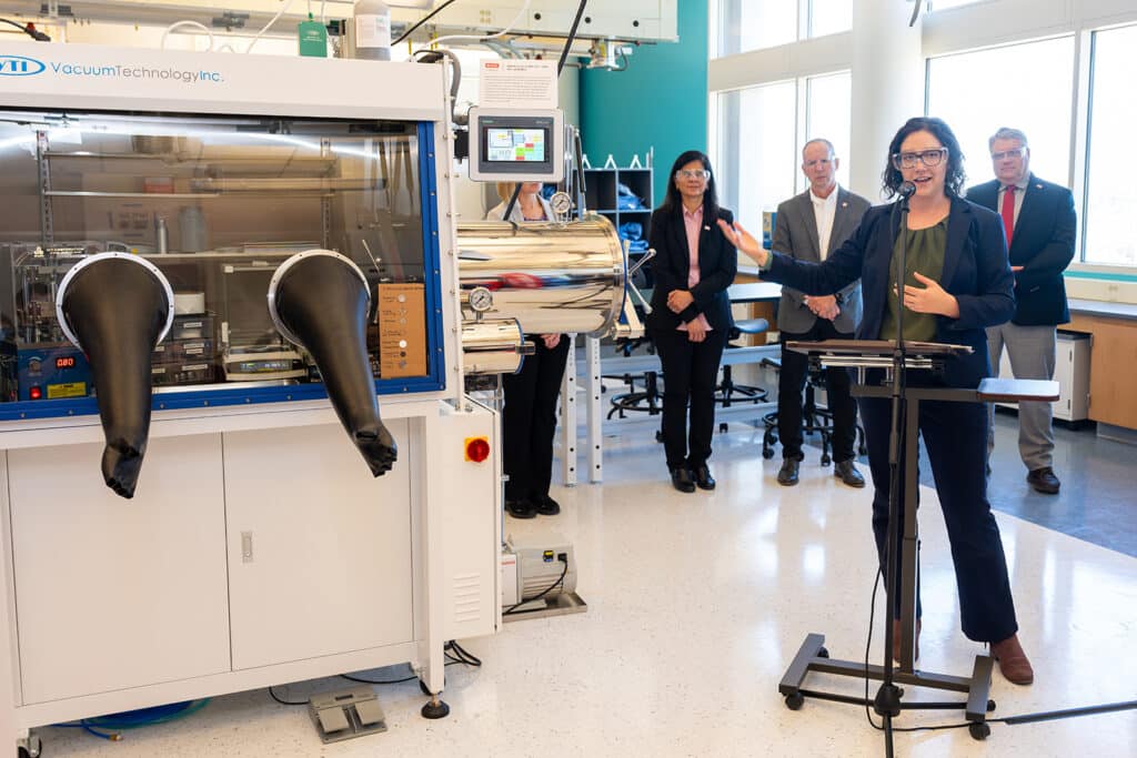 Students, faculty and university leaders joined industry partners to celebrate the opening of the new Battery and Energy Storage Technology Makerspace in Engineering Building I. Guests included NC State Provost Jim Pfaendtner and Don Stewart, preside